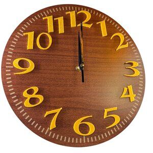 Wooden Wall Clock, 11-Inch Round, Brown with Yellow Numbers